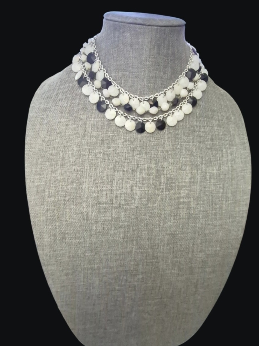 Vtg. West Germany Layered White Black Disc & Faceted Charm Necklace